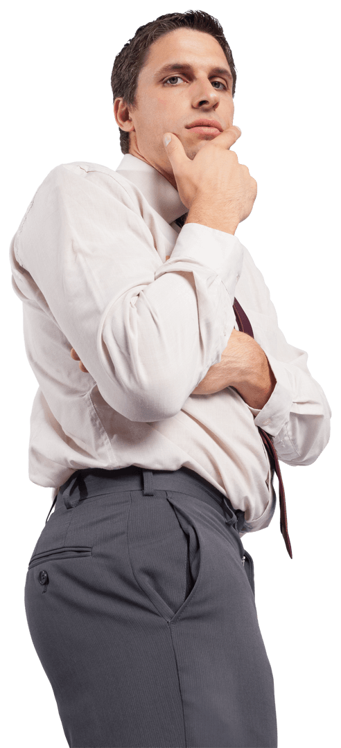 Transparent Businessman Standing Thoughtfully Hand on Chin