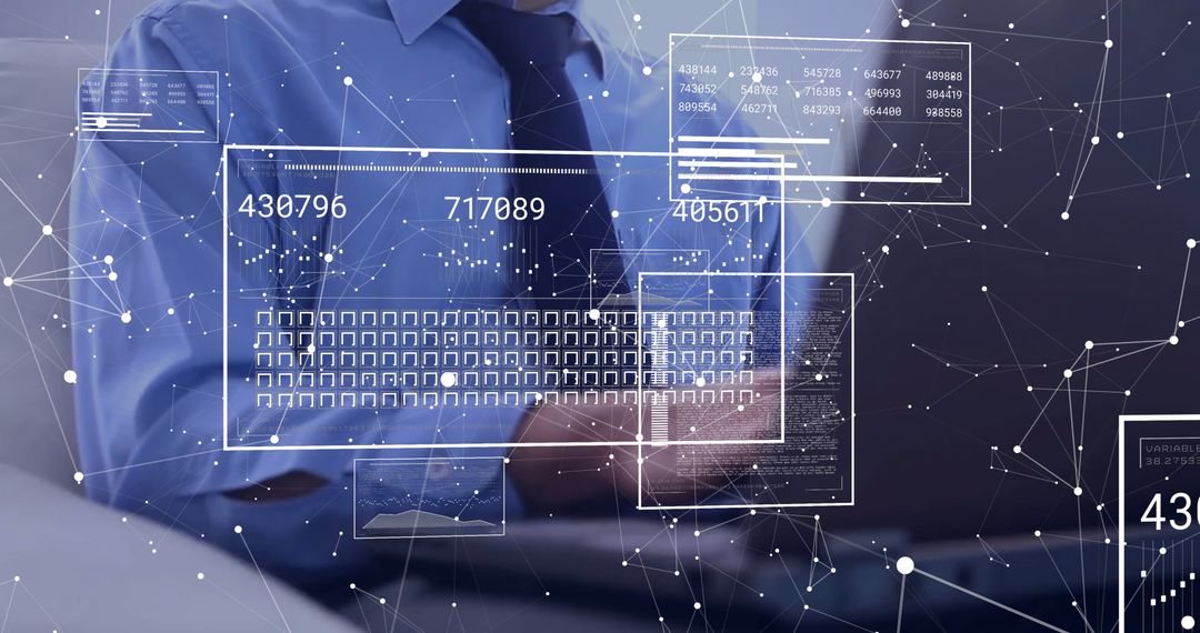 Businessman Analyzing Holographic Data Panels at Desk