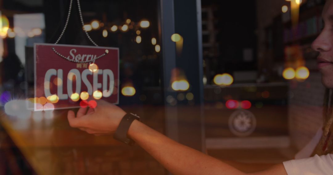 Cafe Closing Time Signage with Bokeh Lighting Effect