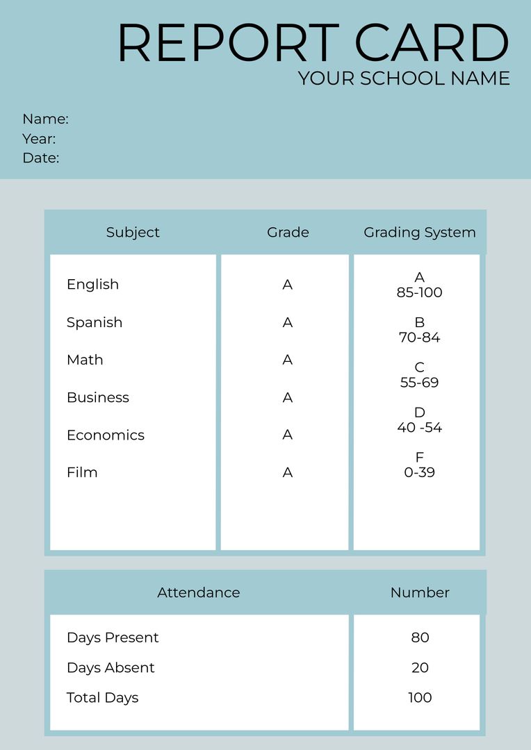 Blank Report Card Template with Grading System and Attendance - Download Free Stock Templates Pikwizard.com