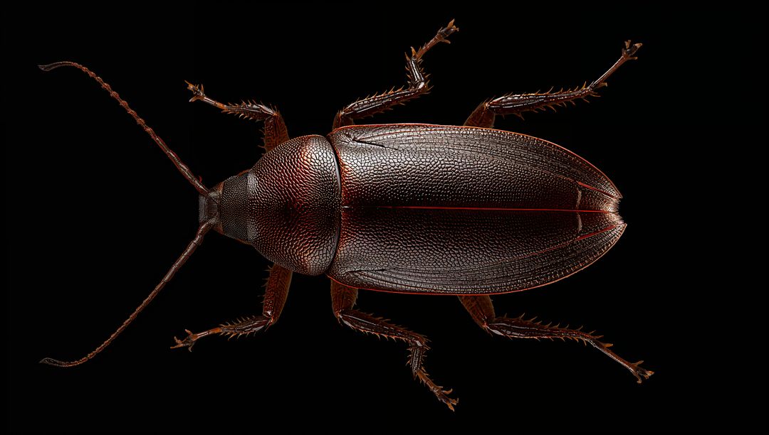 Macro Close-Up of Dark Brown Longhorn Beetle on Black Background