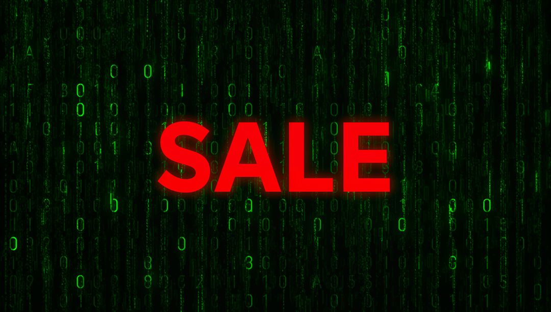 Glowing Red SALE Text Over Futuristic Cascading Binary Code Background Neon Cyber Banner