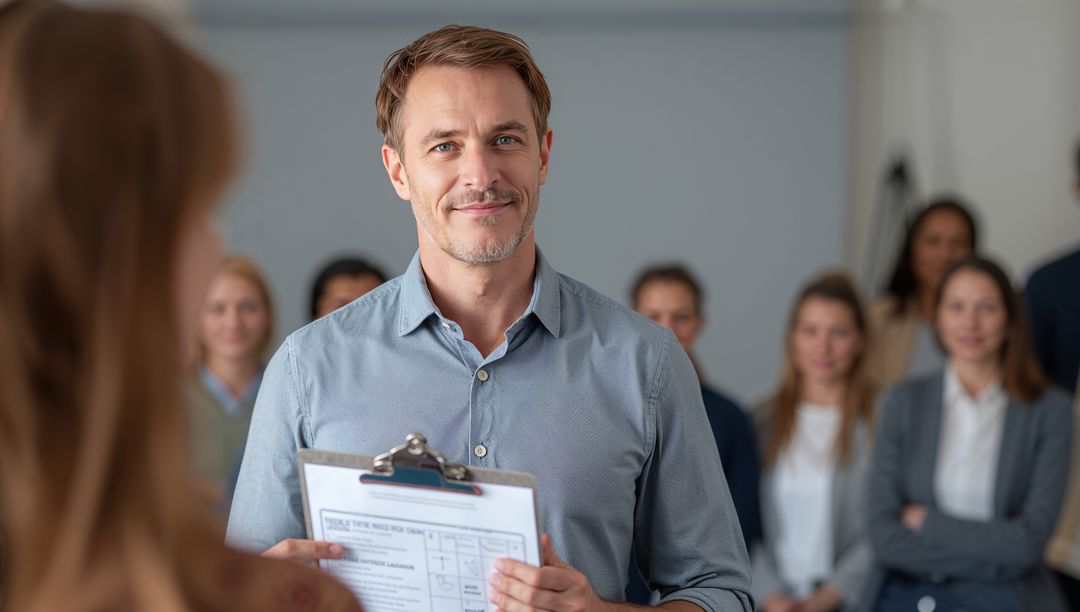 Confident Manager Leading Team Meeting with Clipboard