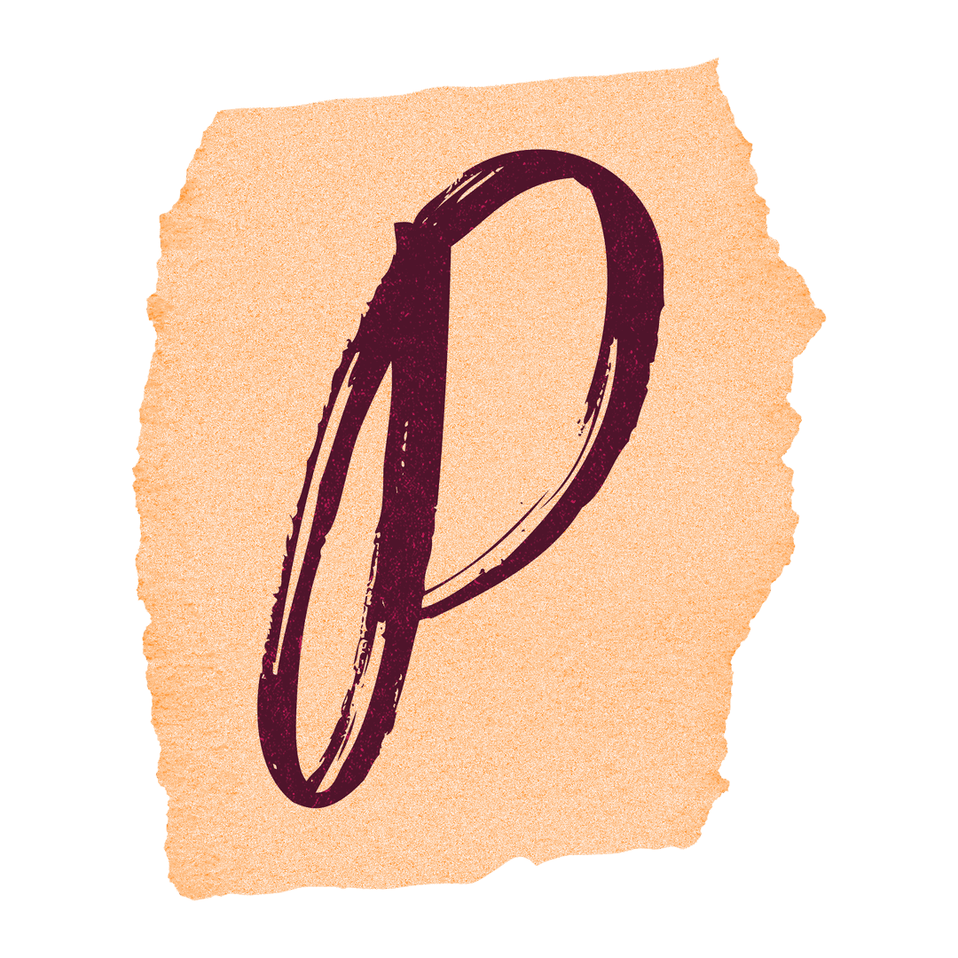 Handmade brushstroke letter p on torn beige paper transparent design