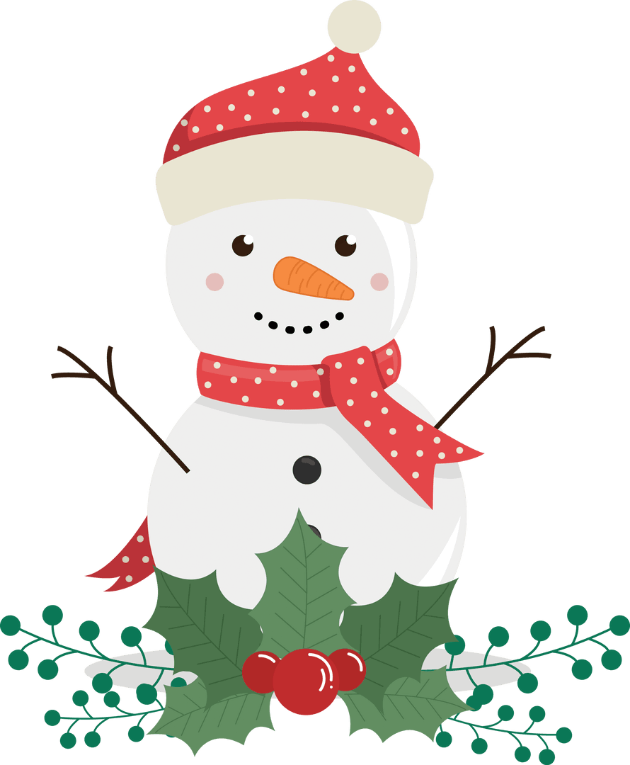 Festive Snowman Transparent Illustration with Holly Decorations