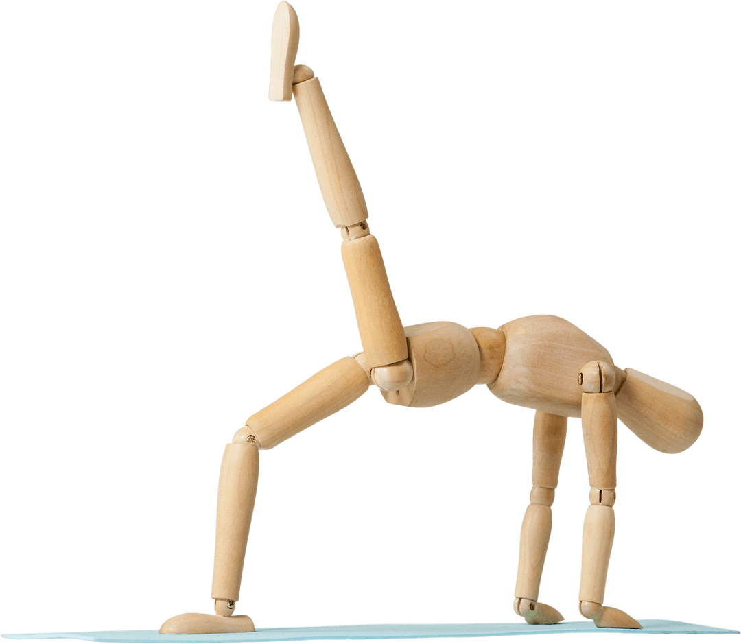 Wooden Figurine in Triangle Pose on Clear Background