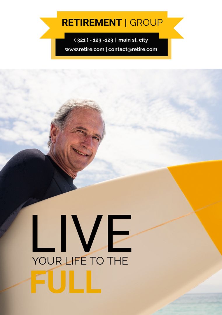 Senior Man Holding Surfboard Encouraging Active Retirement