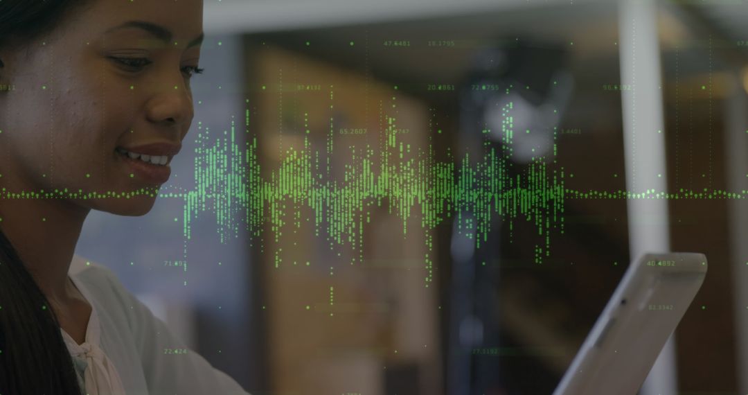 Smiling Woman Interacting with Digital Data Interface on Tablet