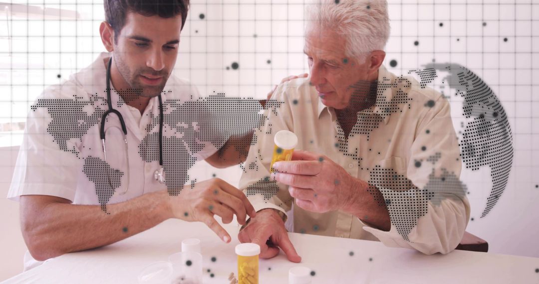Doctor Guiding Senior Patient Through Prescription Medication Review with Pill Bottles