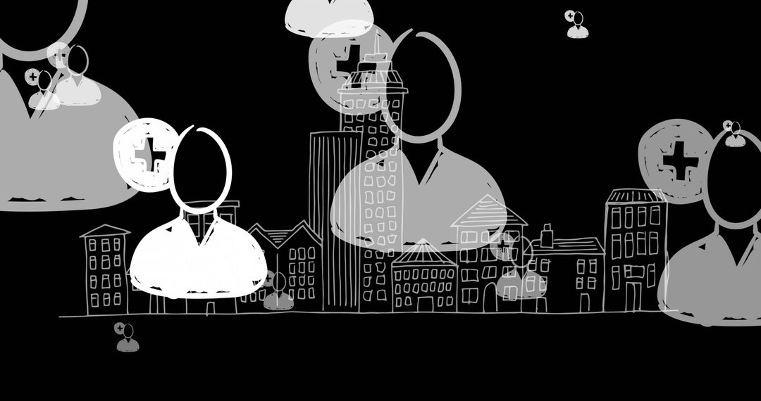 Social Media Icons Hovering Above Urban Cityscape on Black