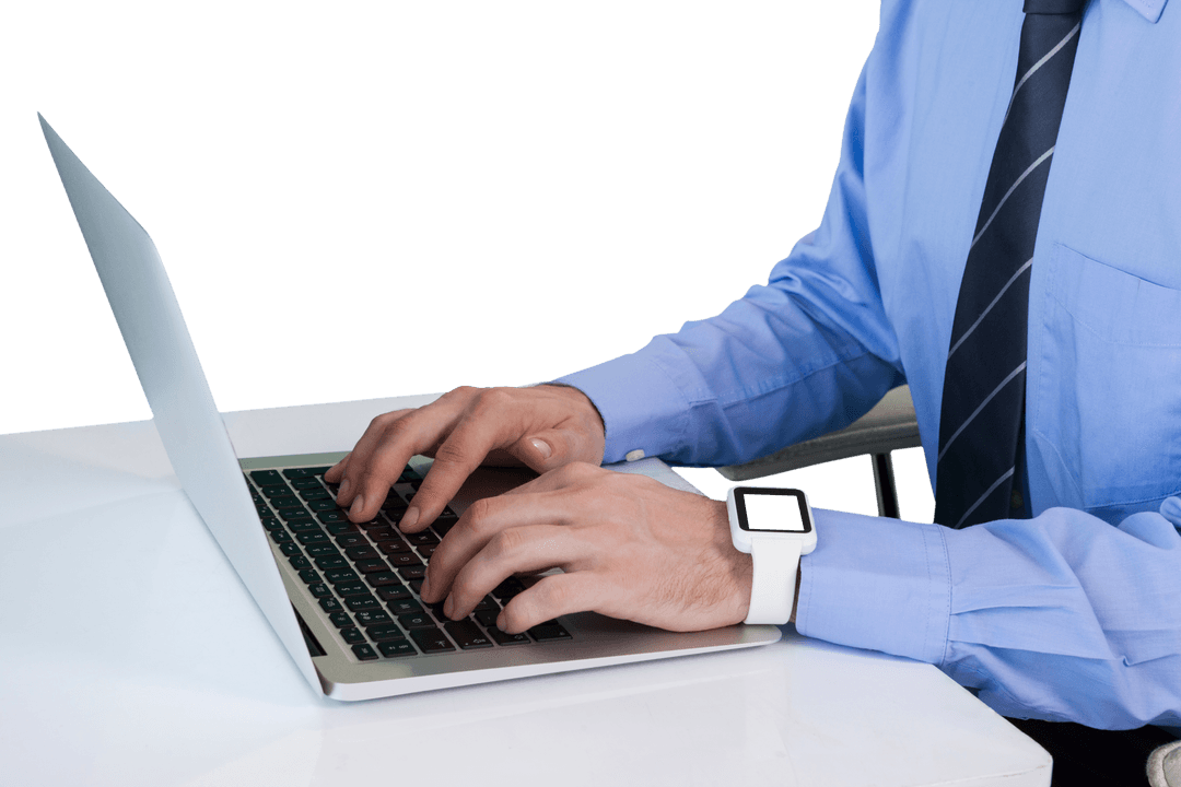Businessman Typing on Laptop with Smartwatch in Transparent Background