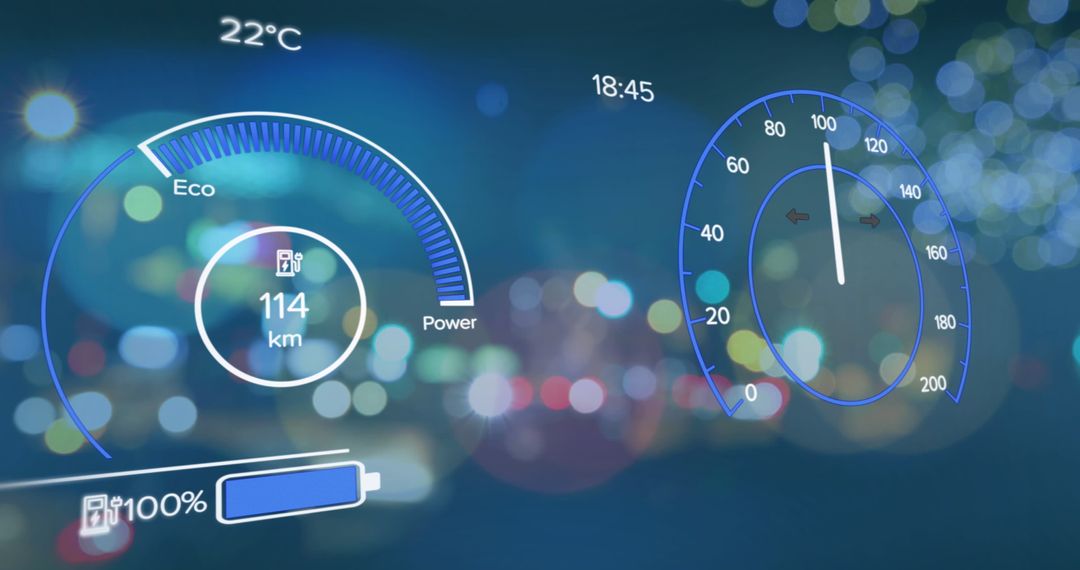 Digital Car Dash Display with Data Overlay in Cityscape