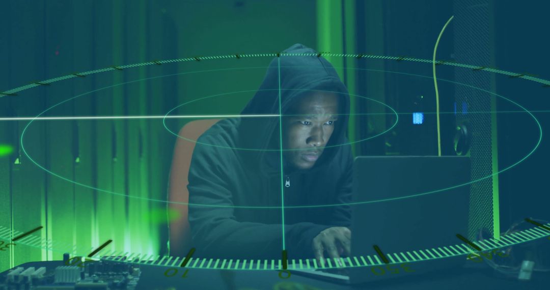 Hooded Cybersecurity Specialist with Holographic Network Interface