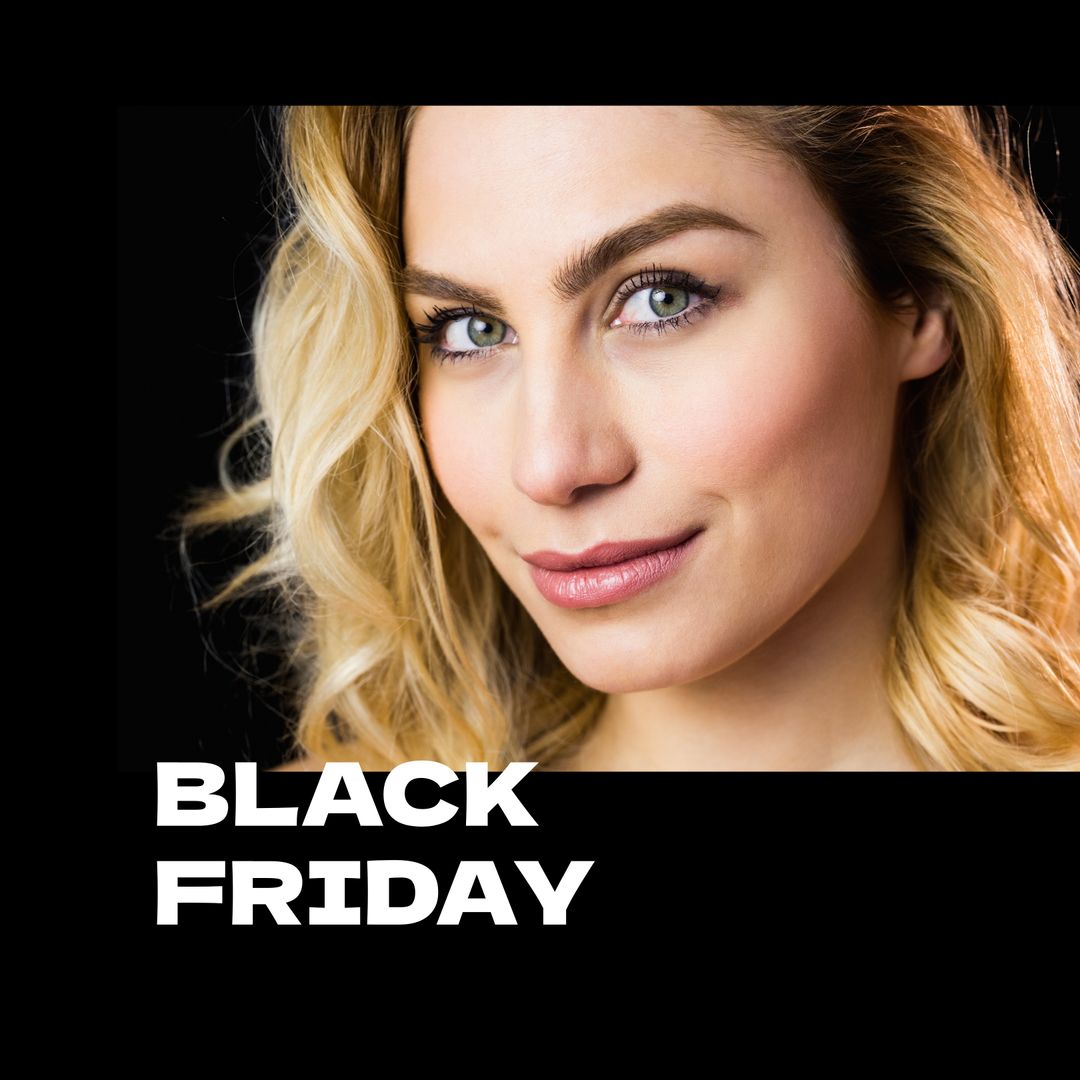 Portrait of Smiling Woman with Black Friday Text on Black Background