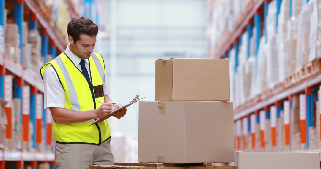 Warehouse Worker Checking Inventory with Clipboard and Boxes - Free Images, Stock Photos and Pictures on Pikwizard.com