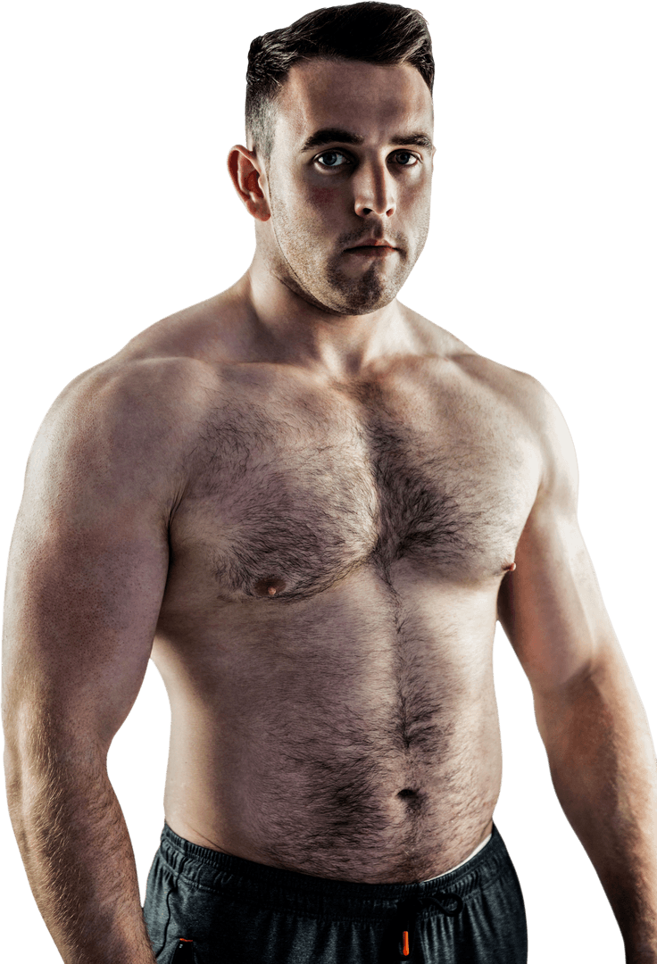 Transparent Bodybuilder Staring with Determination in Gym Shorts