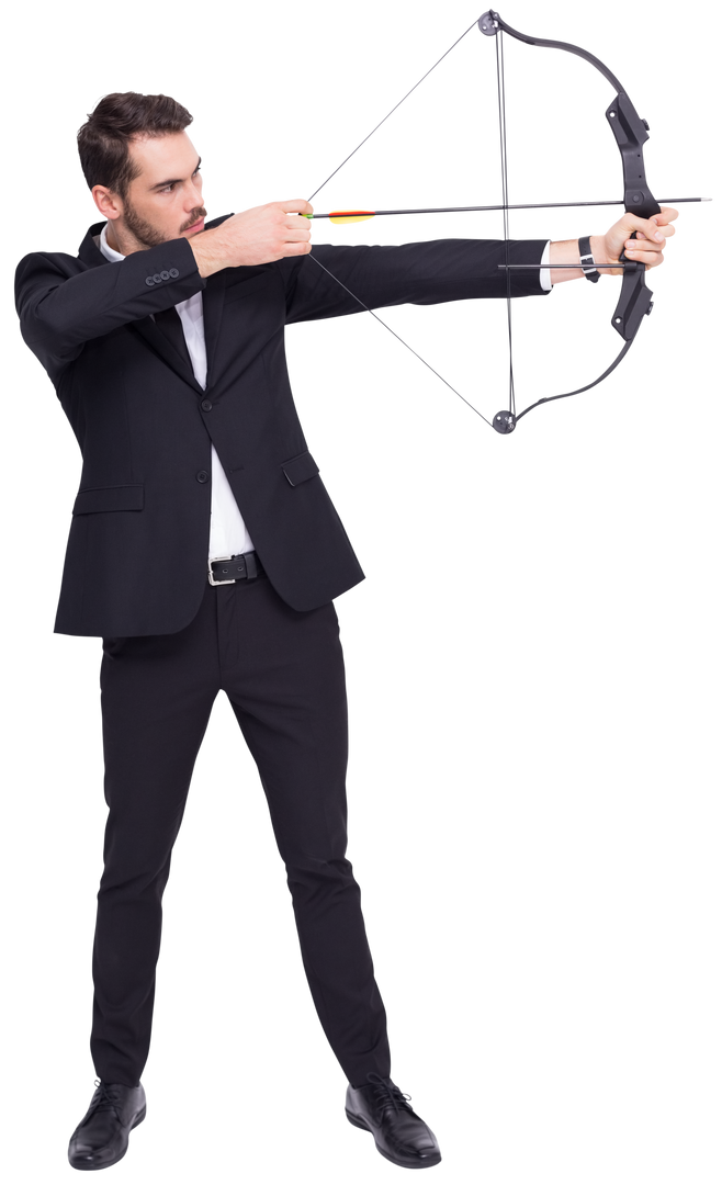 Focused Businessman Shooting Bow and Arrow  in Black Suite Isolated Up Raising Side View Pose Transp - Download Free Stock Images Pikwizard.com