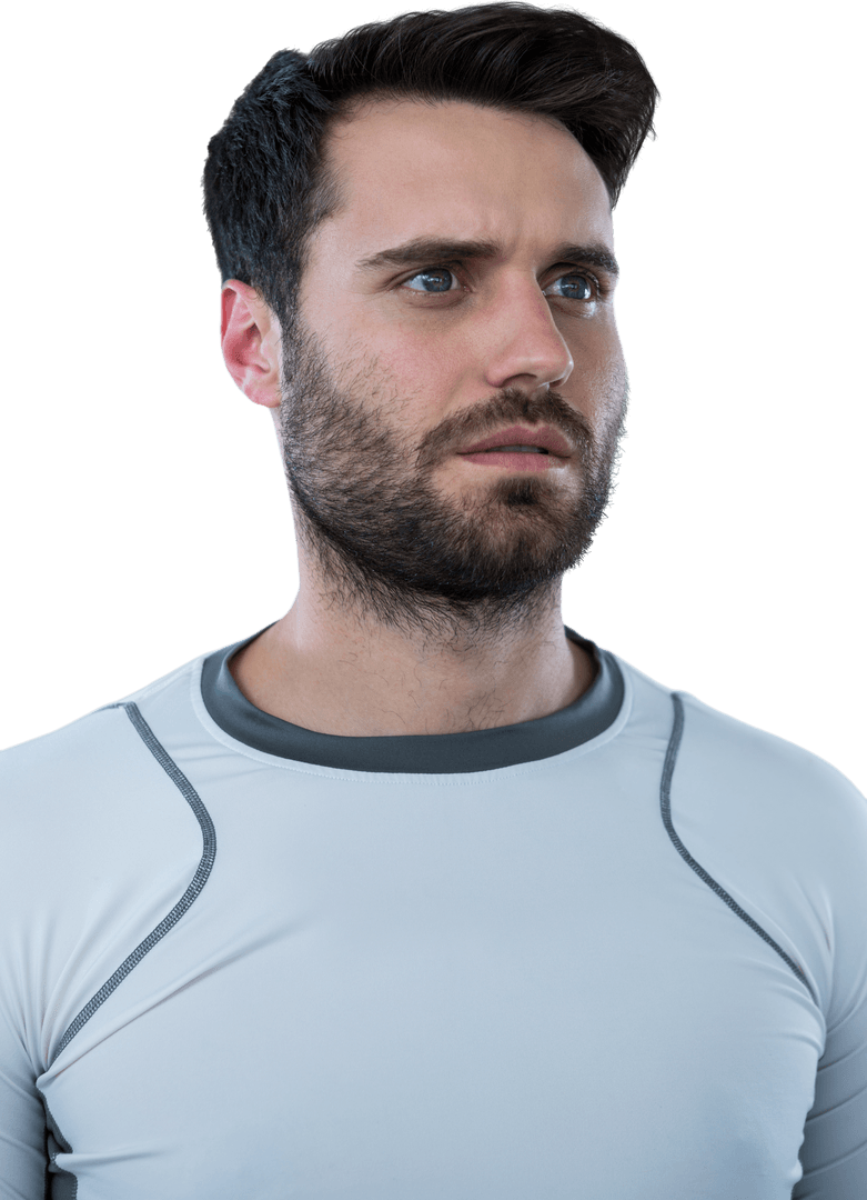 Serious Bearded Man Looking Away In Athletic Wear On Transparent Background