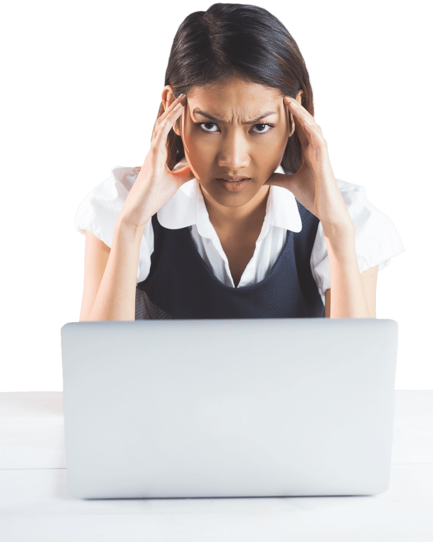 Transparent Background of Stressed Businesswoman at Laptop