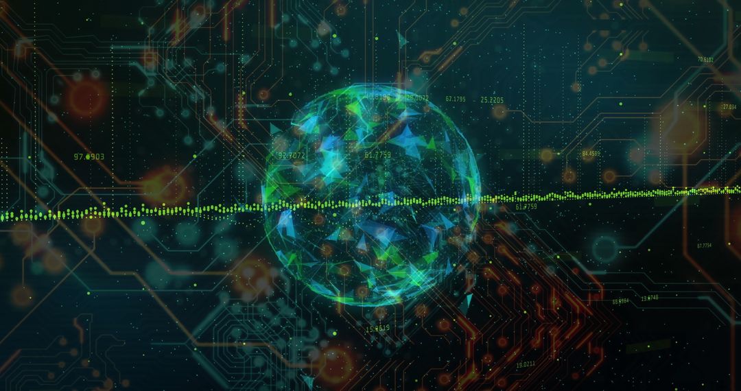 Futuristic Polygonal Sphere Among Data Networks and Circuit Lines