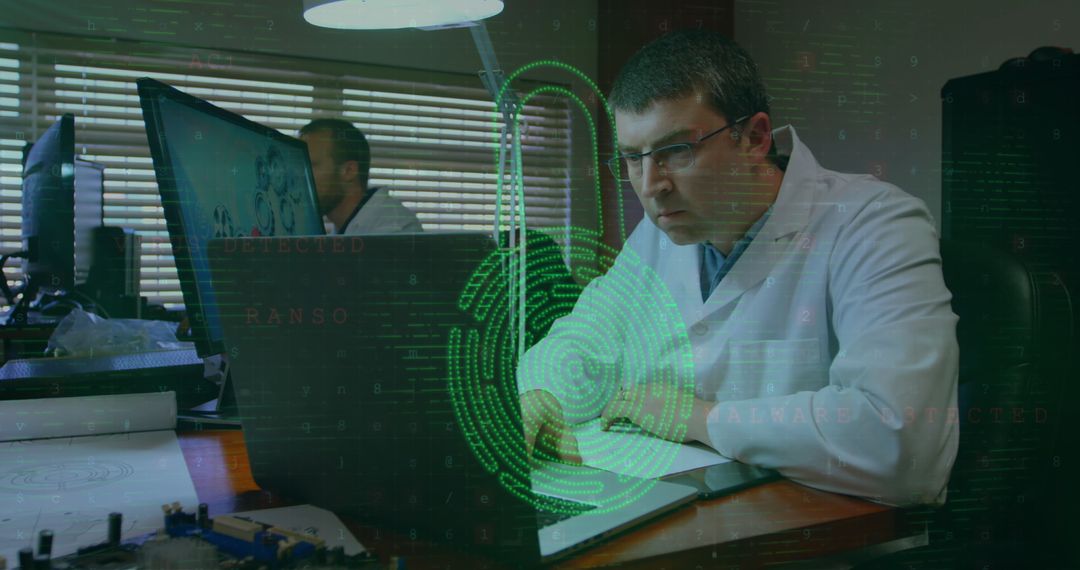 Scientist Analyzing Cyber Security with Digital Technology Overlay