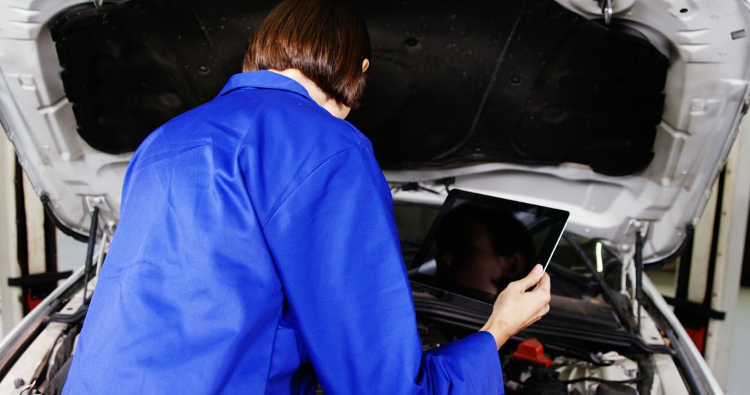 Female mechanic using digital tablet while diagnosing car engine - Free Images, Stock Photos and Pictures on Pikwizard.com