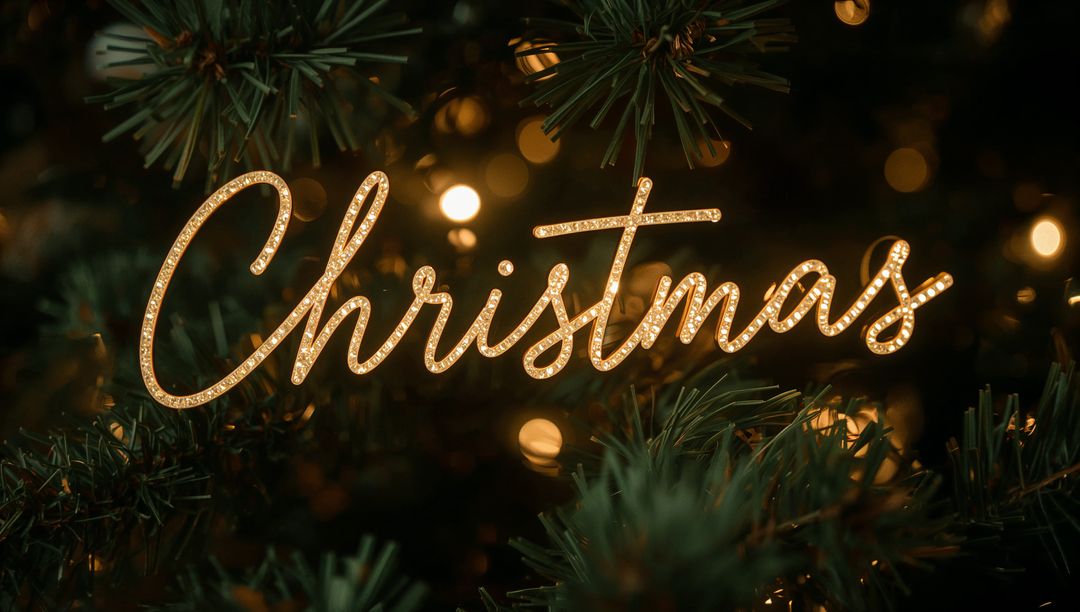 Glowing cursive Christmas sign resting among dark pine branches with warm bokeh lights