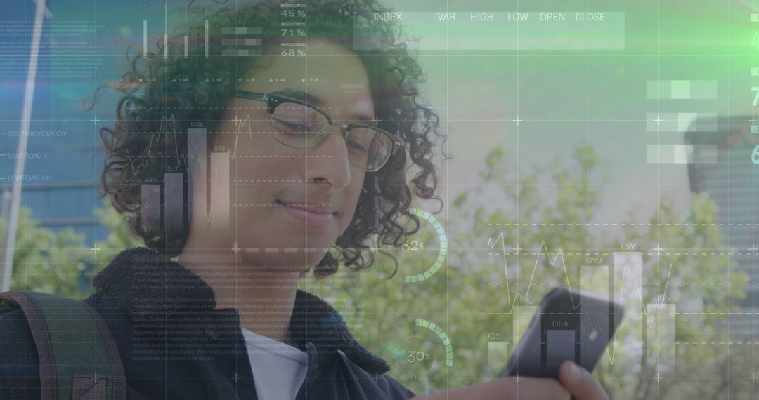 Man Engaged with Finance Technology Amidst Graphical Displays