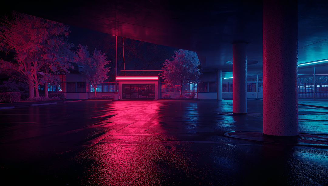 Moody Neon Reflections in Empty Urban Parking Area