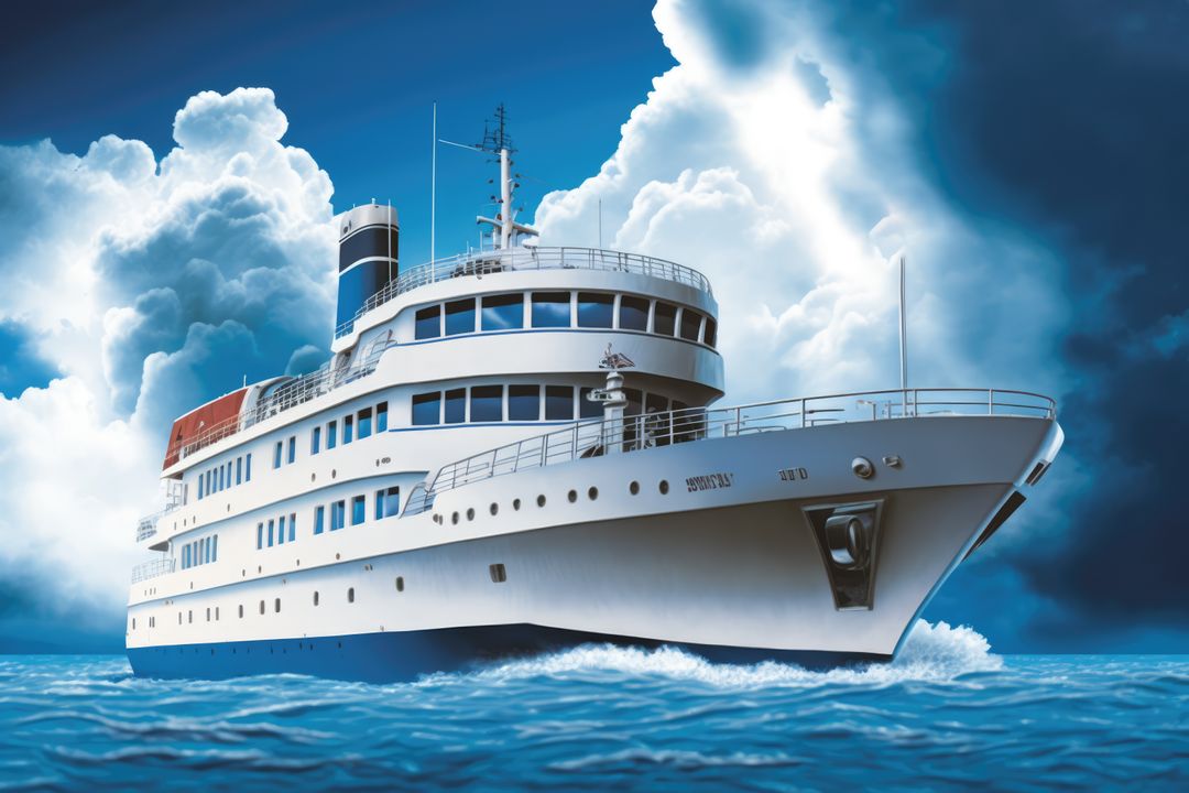 Image of white ferry on sea over blue sky and dark clouds, created using generative ai technology - Free Images, Stock Photos and Pictures on Pikwizard.com