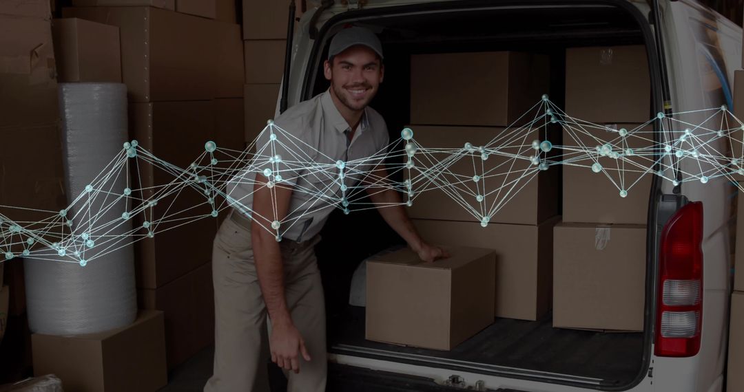 Courier Loading Van with Cardboard Boxes for Delivery
