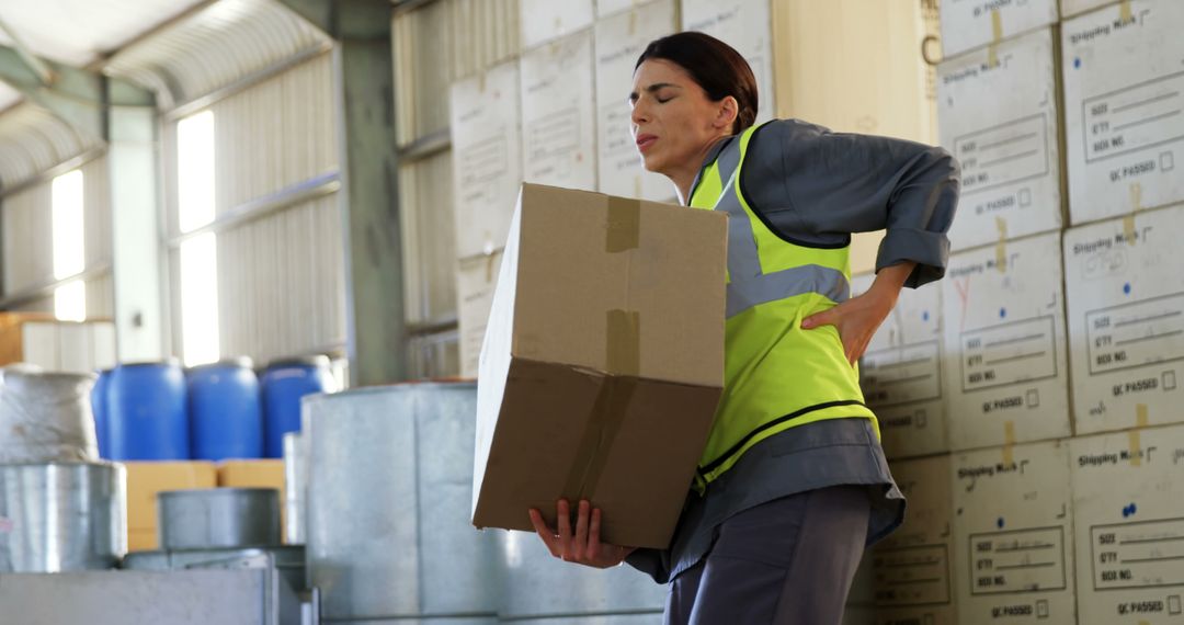 Warehouse Worker Struggles with Back Pain While Lifting Heavy Box