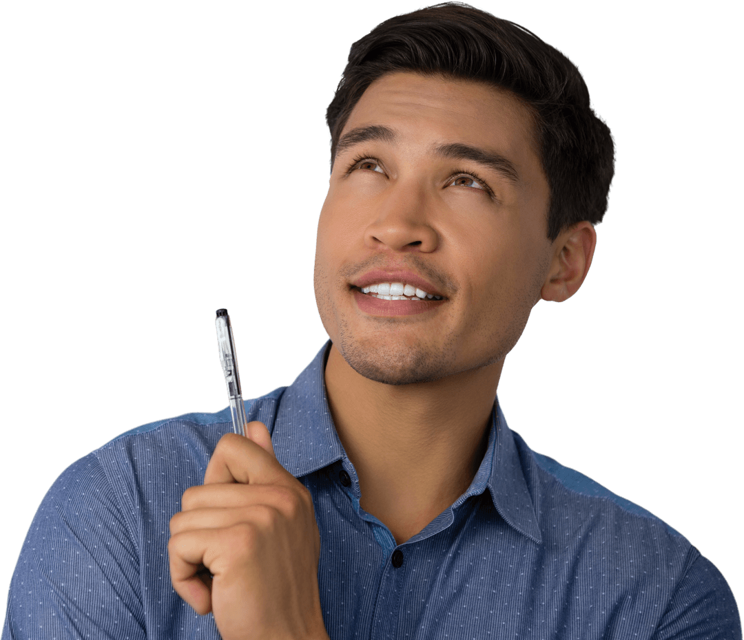 Thoughtful Businessman Holding Pen on Transparent Background