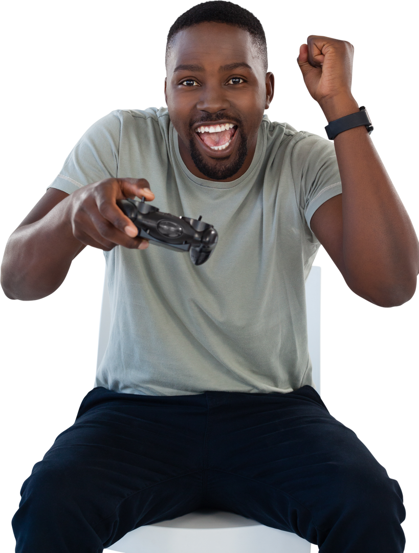 Excited man playing video game holding controller transparent background - Download Free Stock Images Pikwizard.com