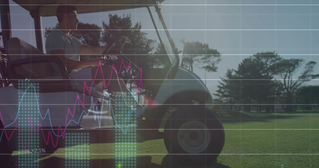 Golfer Driving Cart on Course with Financial Graph Overlay