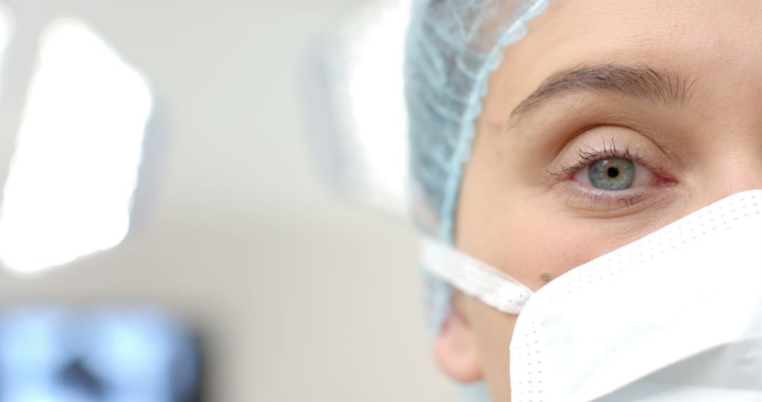 Close-Up of Healthcare Professional Wearing Face Mask and Hairnet - Free Images, Stock Photos and Pictures on Pikwizard.com