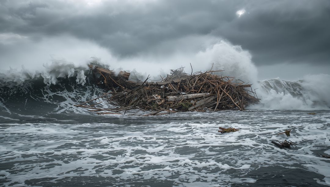 Raging Waves and Driftwood Thunderstorm Aftermath