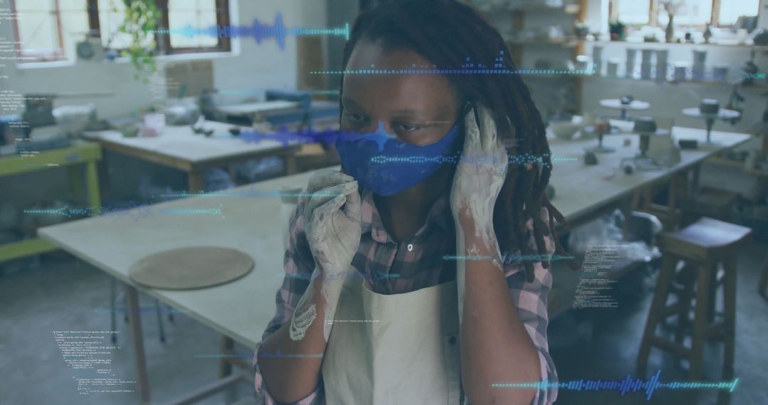 Craft Artist Securing Mask While Preparing for Ceramic Work