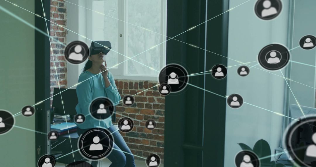 Businesswoman Using VR Headset in Connected Network Environment