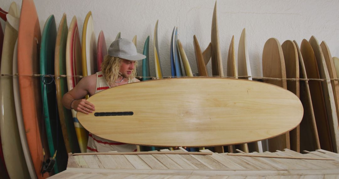 Young Man Selecting Wooden Surfboard in Surf Shop - Free Images, Stock Photos and Pictures on Pikwizard.com