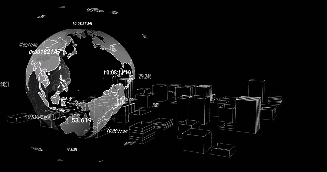 Futuristic Digital Globe with Network Data Over Wireframe Cityscape