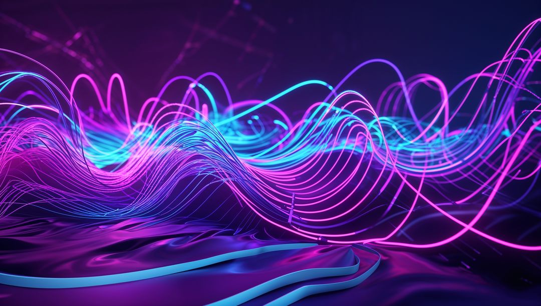 Vibrant Neon Light Filaments over Reflective Surface in Digital Void