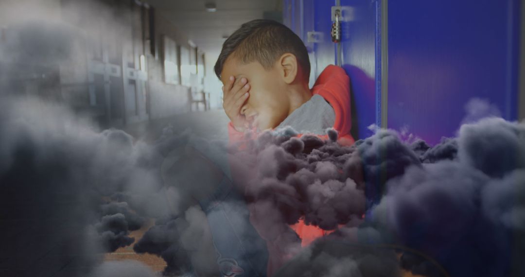 Schoolboy Crying with Clouds: Emotional Resilience Concept
