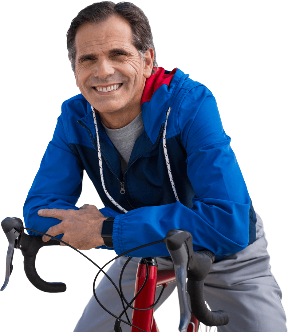 Caucasian Man with Bicycle and Blue Jacket on Transparent Background