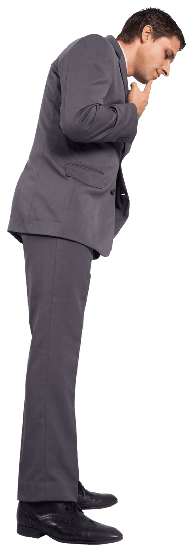 Transparent Businessman in Contemplation with Hand on Chin Side View