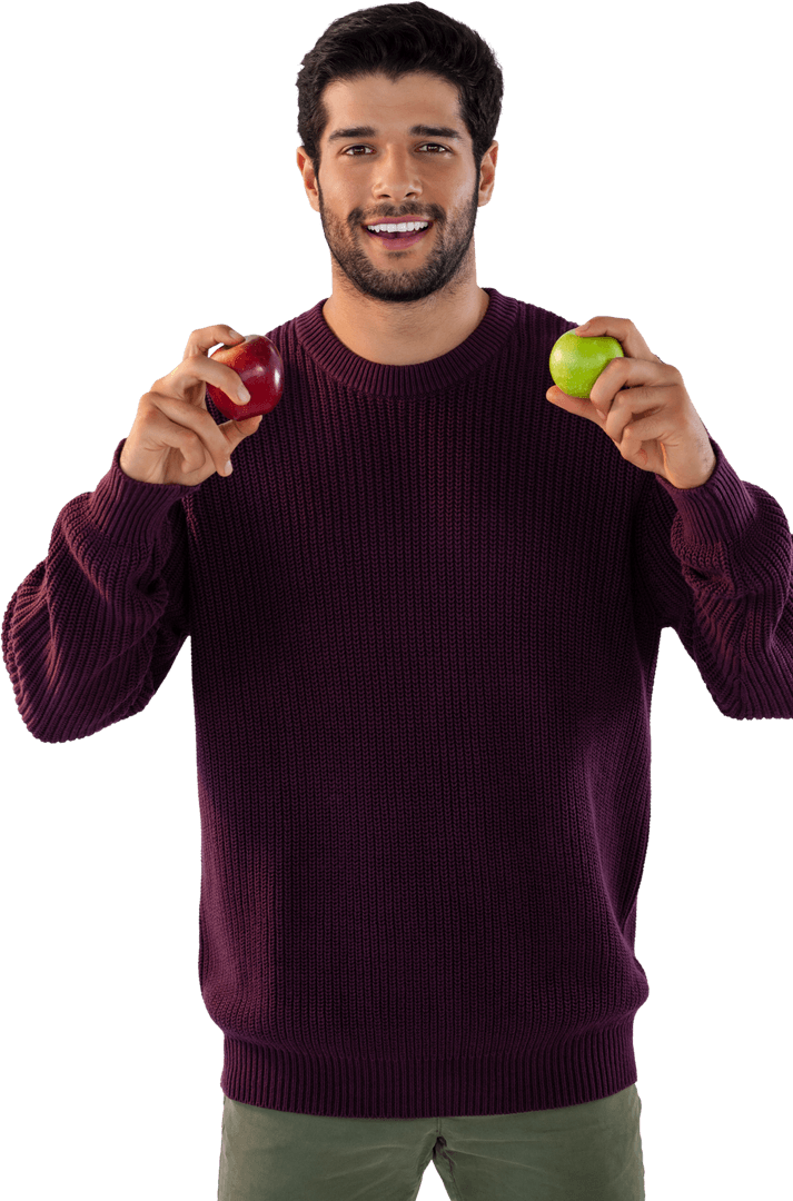 Man Holding Red and Green Apples on Transparent Background