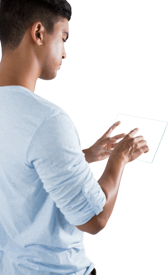 Man Interacting with Transparent Glass Digital Tablet