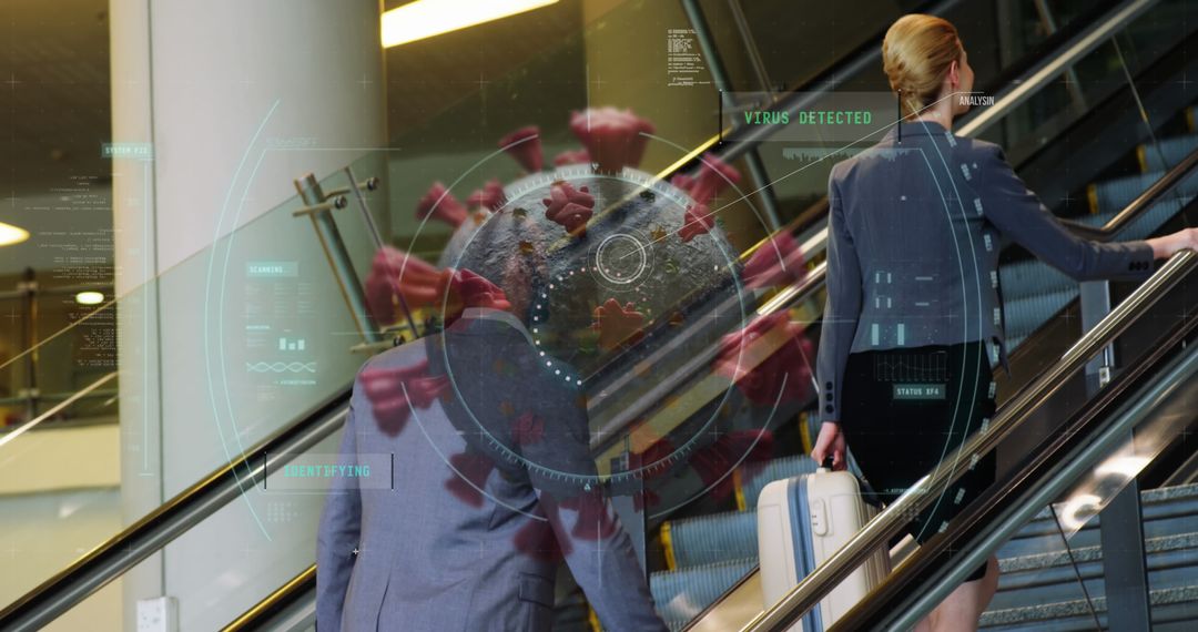 Business Travelers Using Escalator with Virus Detection Overlay at Airport