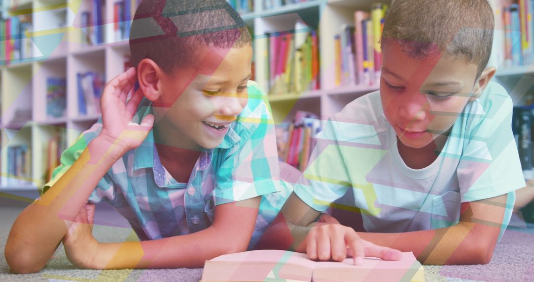 Schoolboys Joyfully Engaged in Reading Together in Library