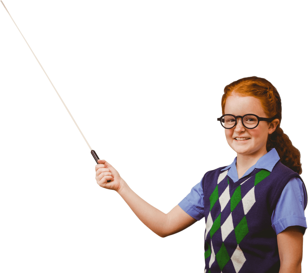 School Girl Holding Pointer in Uniform on Transparent Background